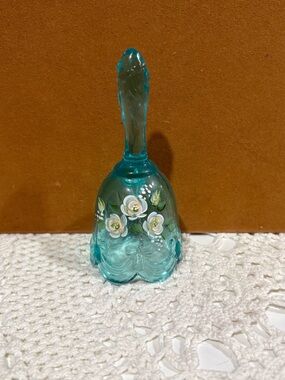Fenton Teal Aqua Hand-Painted Floral Glass Bell